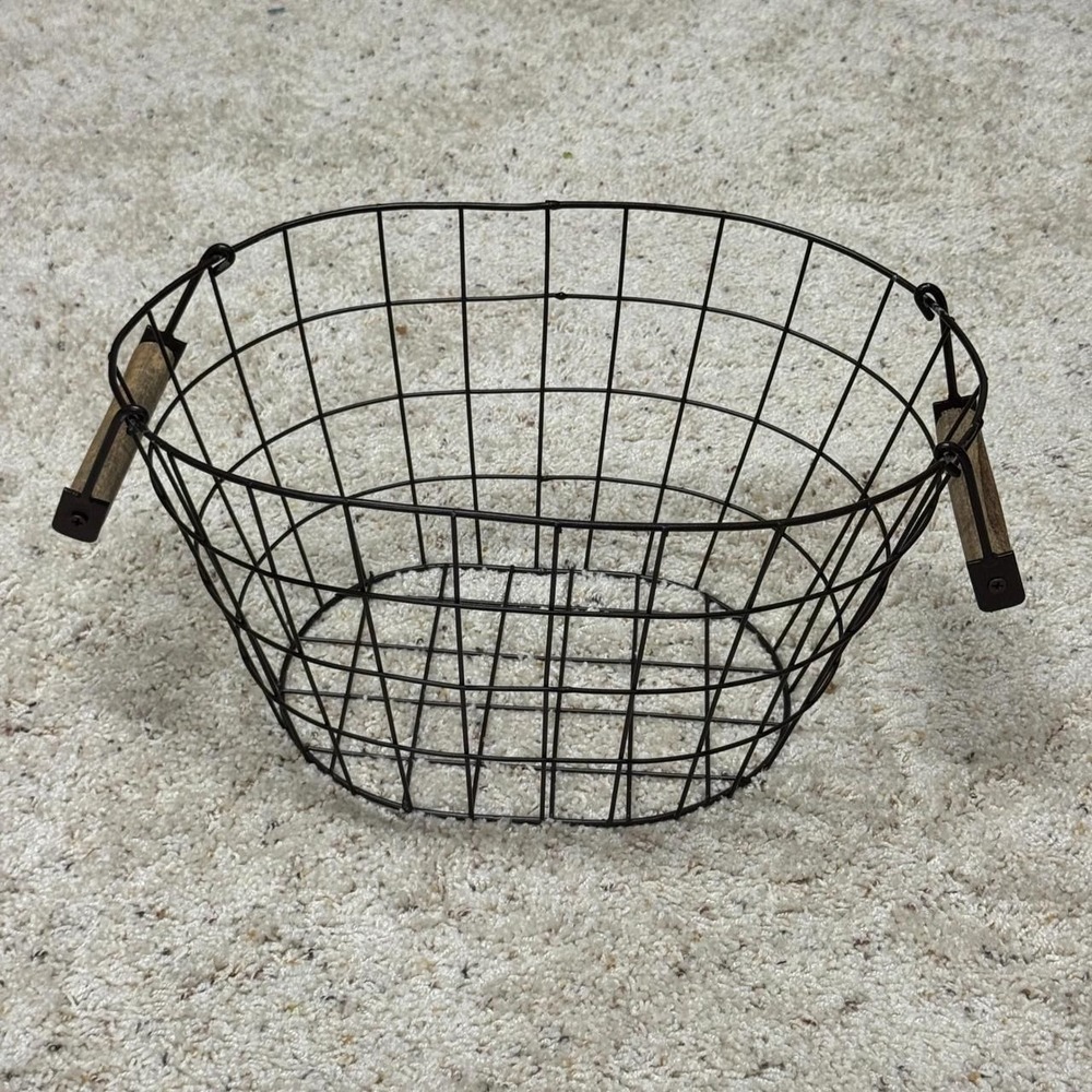 Rusticβ Oval Metal Wire Basket with Wood Handles Dark Bronze Industrial Storage